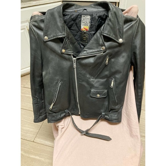 HARD to Find Vintage Leather Odyssey Biker Jacket Size 44Belt Made In Korea
